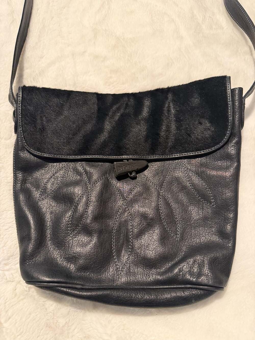 Bagheera Vintage Made in Italy Black Leather and Fur Flap Shoulder Bag